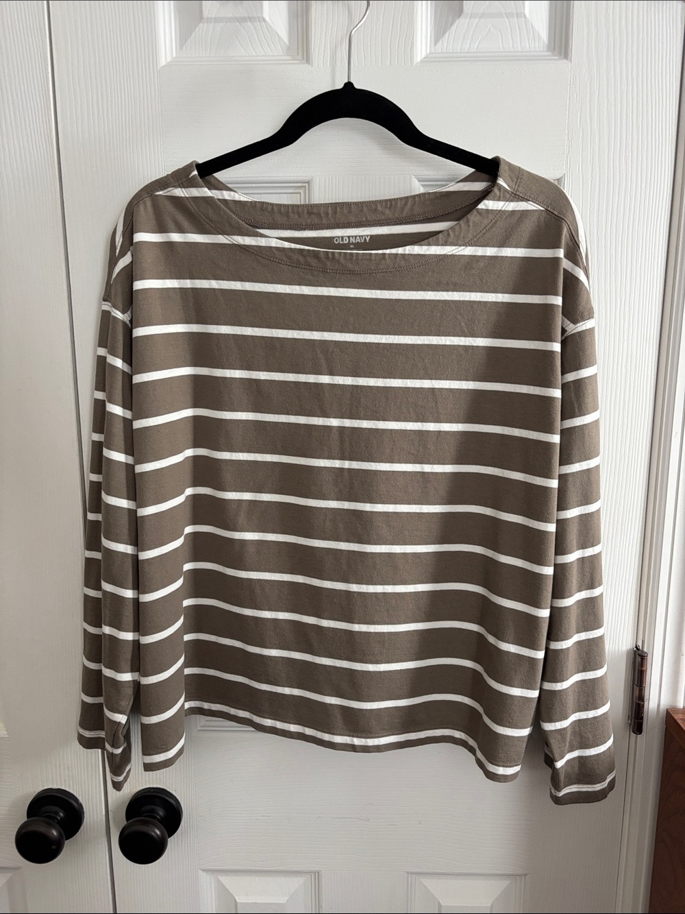 Old Navy Tan and White Striped Long-Sleeve Jersey Top
